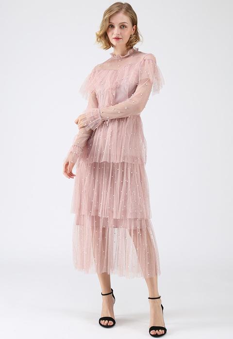 Spot On Pearls Ruffle Tiered Mesh Dress In Pink