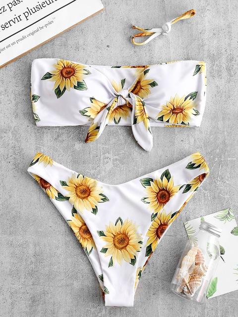 Bikini Con Motivo Girasole Zaful Annodato White Denim Dark Blue Light Sky Blue Firebrick