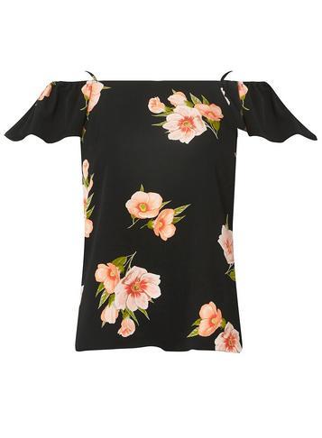 Womens Black Floral Cold Shoulder Top- Black, Black