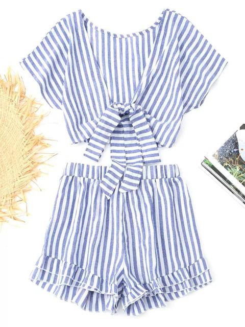 Conjunto De Pantalón Corto Bowknot Stripes Top Y Tiered Hem Blue Pig Pink