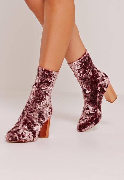 Crushed Velvet Block Heeled Boots Pink