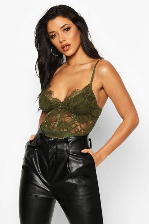 Womens Premium Eyelash Lace Panelled Bodysuit - Green - Xl, Green