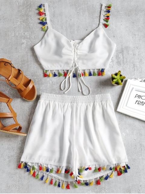 Traje De Encaje Con Cordones Tassels Cami