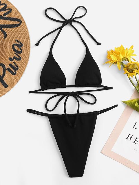 Self Tie Triangle Top With Thong Bikini Set