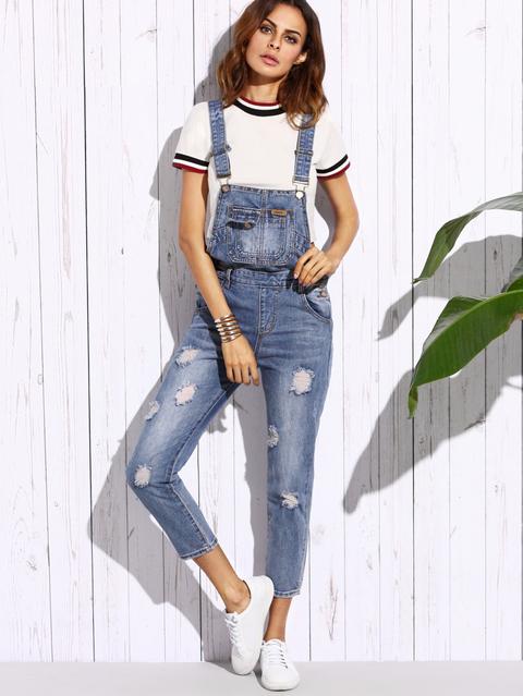 Blue Ripped Bleach Wash Overall Jeans