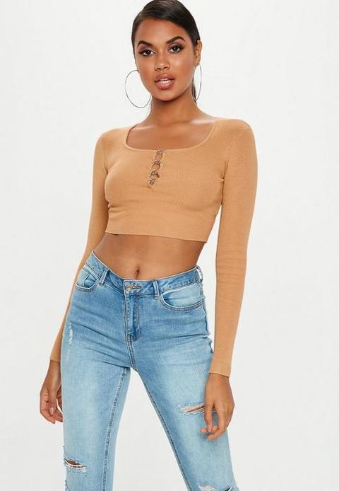 Camel Hook And Eye Knitted Crop Top, Camel