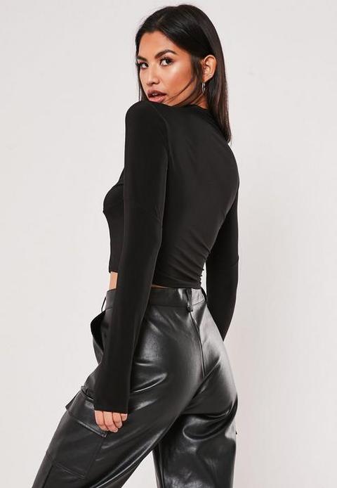 Black Slinky Zip High Neck Corset Detail Top, Black from Missguided on 21  Buttons