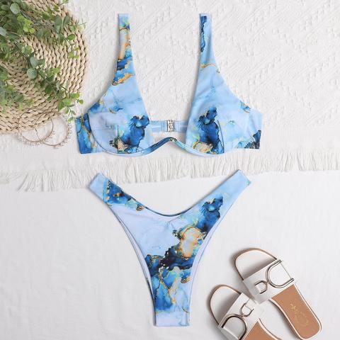 Marble Print Underwire Bikini Swimsuit