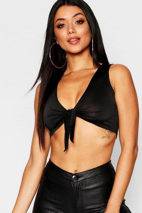 Tie Front Slinky Plunge Crop Top