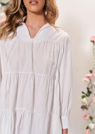 Oversized Long Sleeved Frill Tiered Smock Shirt Dress White