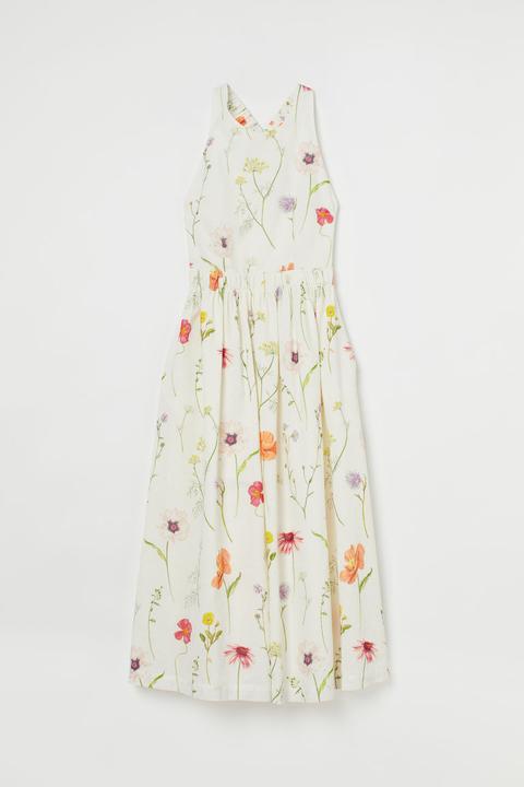 Vestido Tobillero Con Lino - Blanco