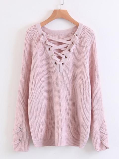 Lace Up V Neckline Raglan Sleeve Sweater