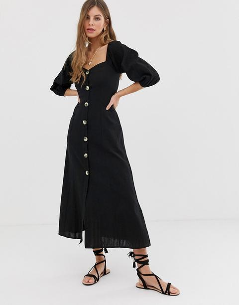 Asos Design - Vestito Lungo In Seersucker Con Bottoni - Nero