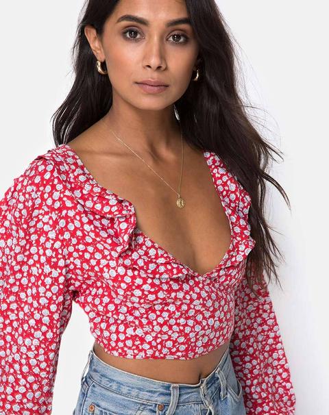 Koniva Crop Top In Ditsy Rose Red And Silver