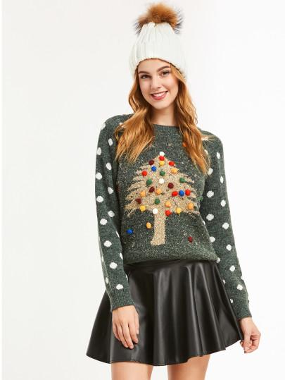 Maglione Albero Di Natale Pom Pom Punti Di Polka Verde