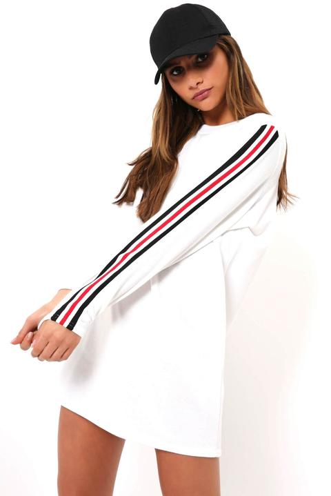 White Stripe Sleeve Sweatshirt Dress