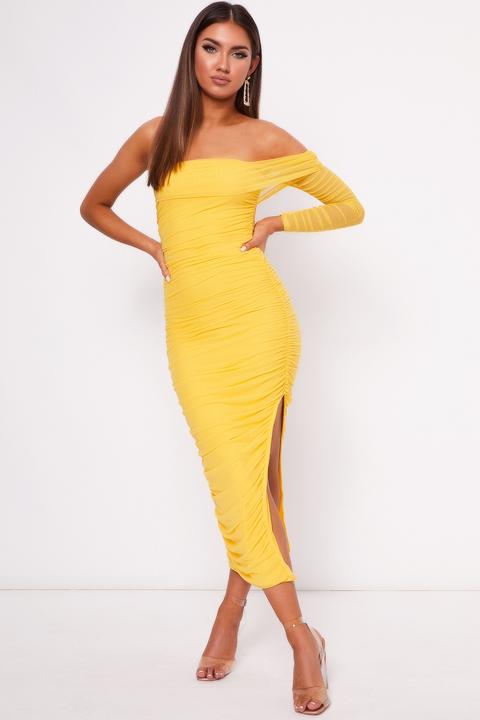 Alana Yellow One Shoulder Ruched Dress