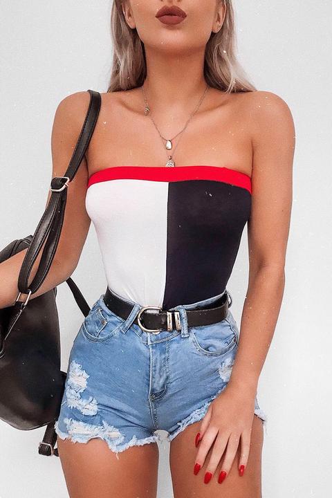 Navy White And Red Colour Block Bandeau Bodysuit - Breta