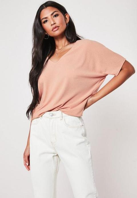 Blush Rib V Neck Oversized Boyfriend T Shirt, Pink