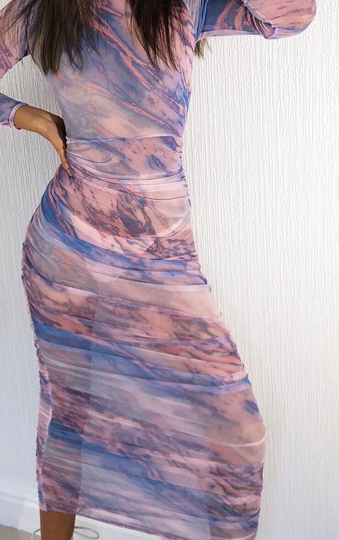 Multi Tie Dye Mesh High Neck Long Sleeve Ruched Midaxi Dress