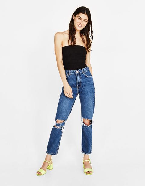 Jeans Straight Cropped Fit Con Strappi