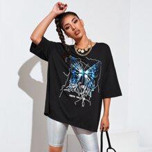 Camiseta Amplia Con Estampado De Mariposa Y Letra