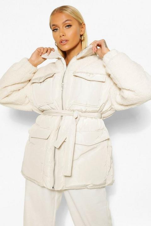 Womens Teddy Faux Fur Mix Belted Puffer - Cream - 12, Cream