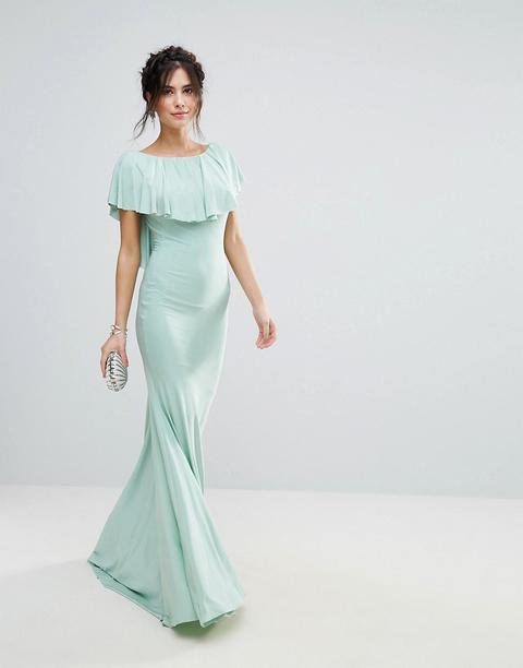 City Goddess Fishtail Maxi Dress With Cape Overlay - Verde