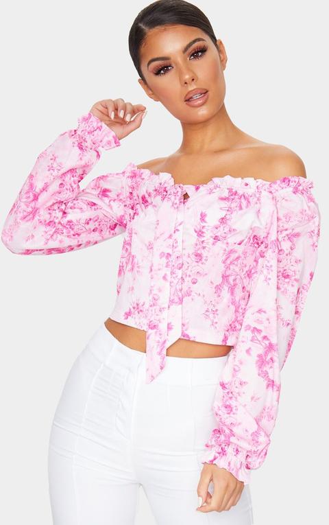 Pastel Pink Floral Woven Bardot Cropped Blouse