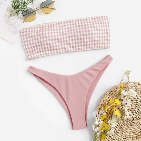 Bandeau De Guingán Con Bikini Cortado Alto