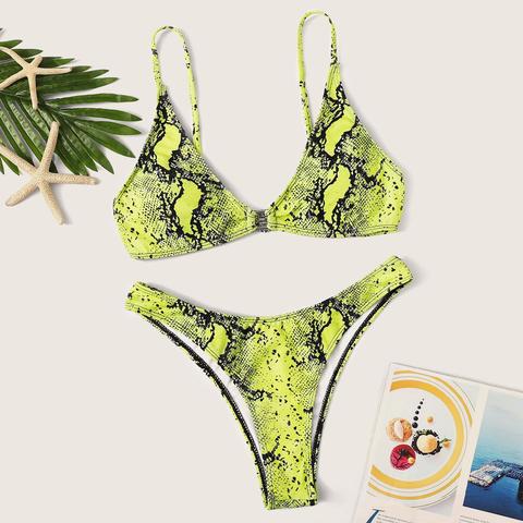 Top Con Estampado De Piel De Serpiente Amarillo Neón Con Bikini Bragas