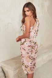 One Shoulder Balloon Sleeve Midi Dress In Pink Floral