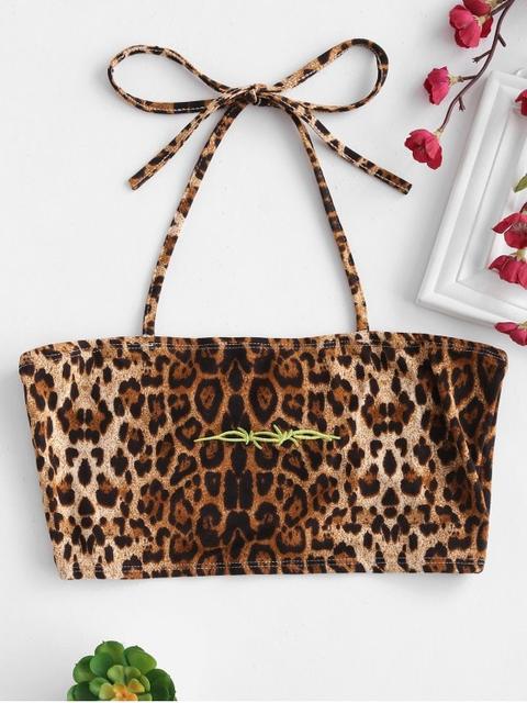 Embroidered Leopard Print Halter Crop Top Leopard