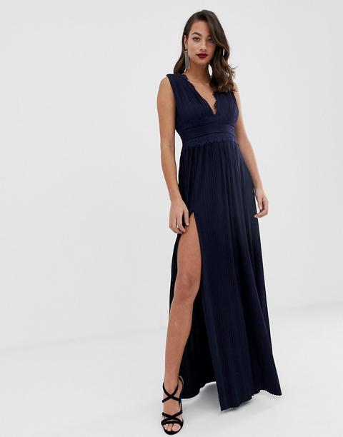 Vestido Largo Y Plisado Con Aplicación De Encaje Premium De Asos Design-azul Marino