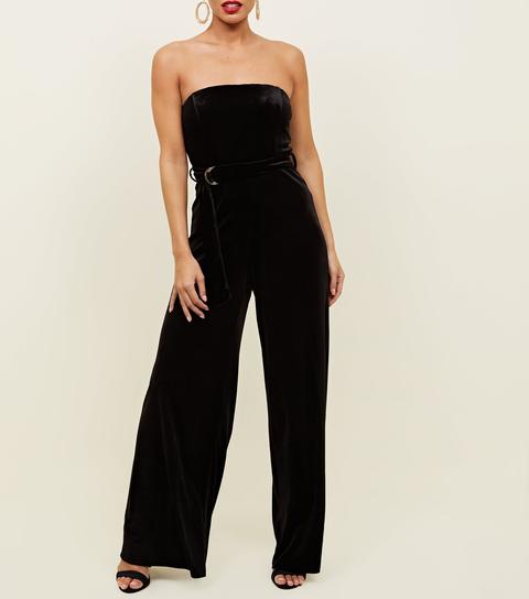 Black Velvet Strapless Belted Jumpsuit New Look