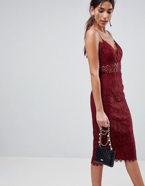 Asos - Vestito Canotta Midi A Tubino In Pizzo - Rosso