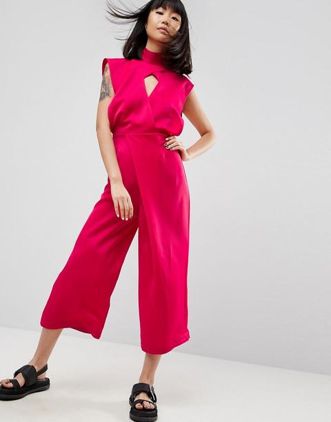 Asos White - Tuta Lunga In Raso Con Incrocio Sul Davanti - Rosa