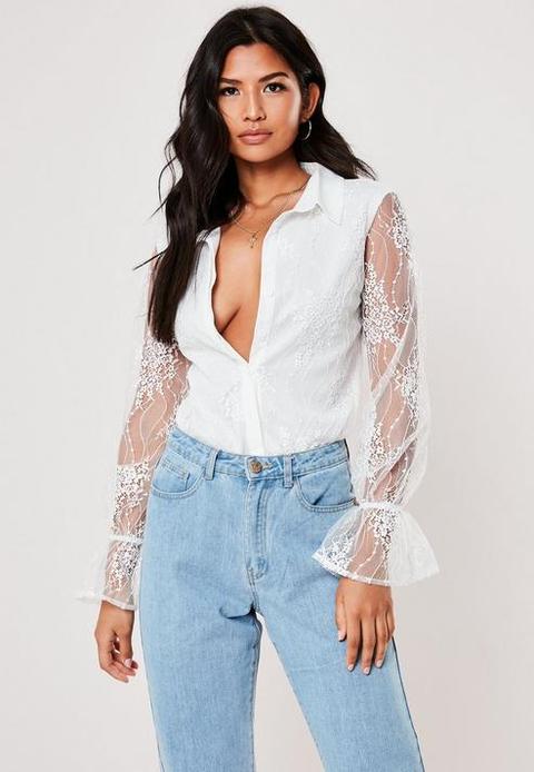 White Lace Frill Cuff Shirt, White