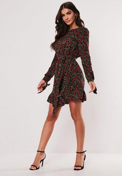 Black Ruched Button Side Floral Tea Dress, Black