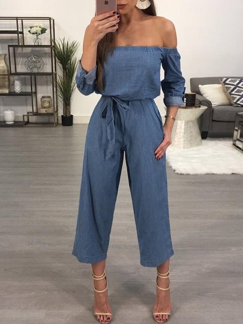 Shirring Off Shoulder Belted Wide Leg Jumpsuit