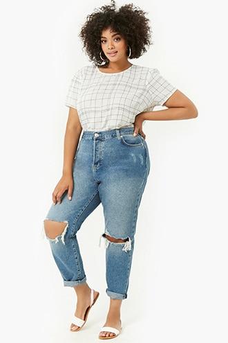 Forever 21 Plus Size Distressed Mom Jeans , Denim from Forever 21 on 21  Buttons