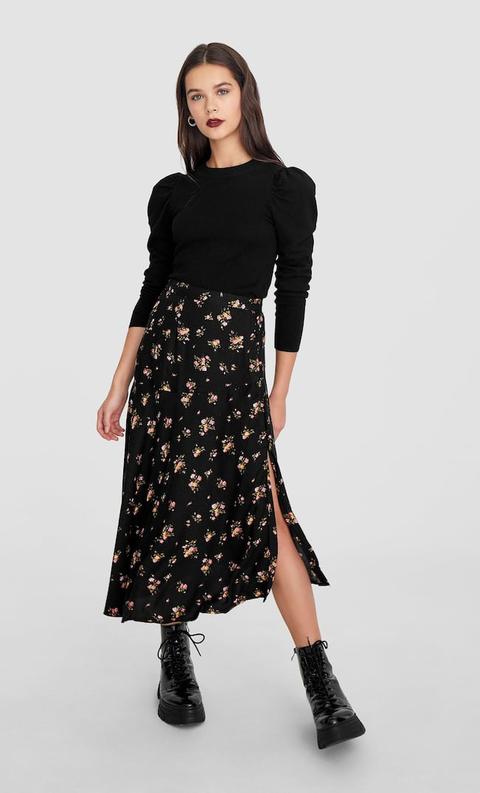 Gonna Midi Con Stampa Floreale Nero