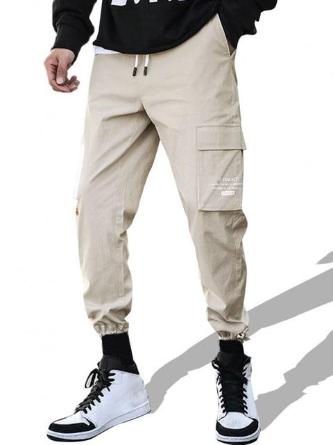 Pantalones Casual De Carga De Solapa Con Bolsillo Con Estampado De Letras Khaki Black