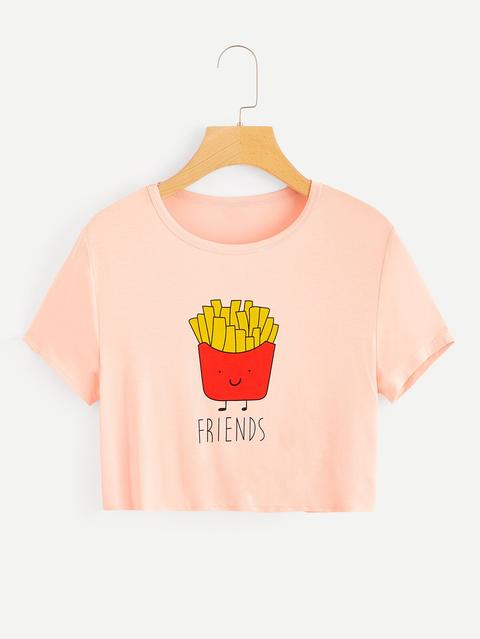 1plus1 Girls Cartoon French Fries Bff Print Crop Tee