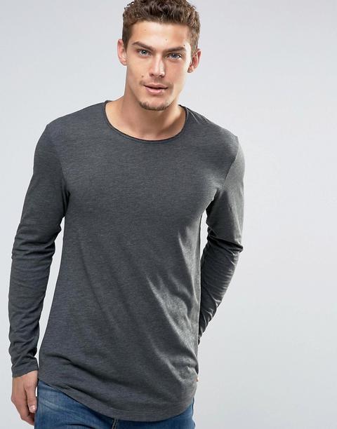 Esprit - Maglia Lunga A Maniche Lunghe Con Fondo Arrotondato - Grigio