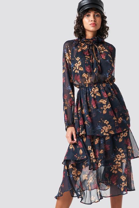 Na-kd Boho High Neck Frill Midi Dress - Multicolor