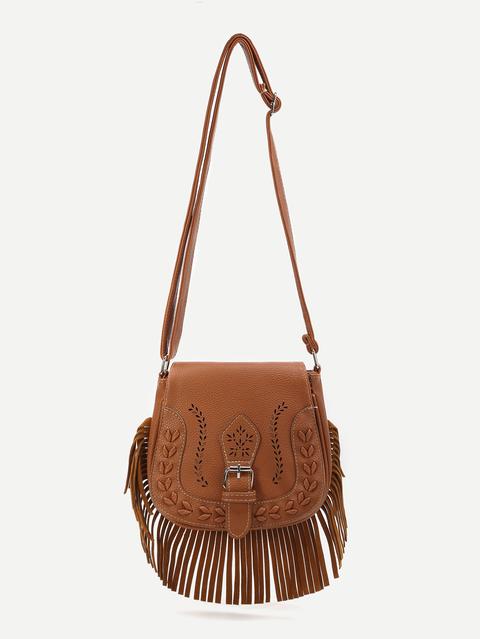 Brown Fringe Hem Buckle Pu Shoulder Bag