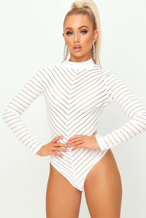 Cream Mesh Chevron Long Sleeve Bodysuit