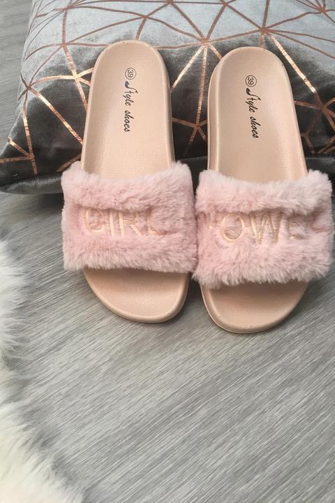 Pink 'girl Power' Fluffy Sliders - Kerly