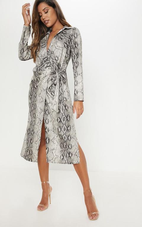 Grey Snake Print Wrap Detail Midi Dress